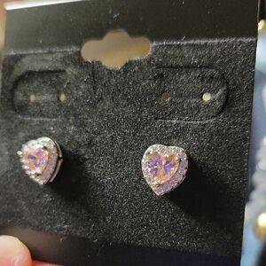 Sparkling CZ Halo Heart Stud Peirced Earrings with Pink Center Stone